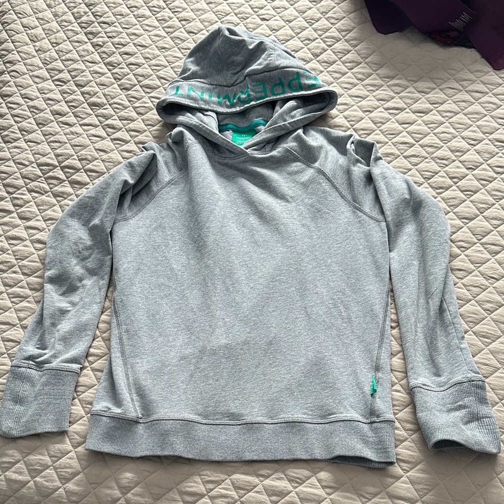 Peppermint Grey Hooded Sweatshirt with Teal Accents